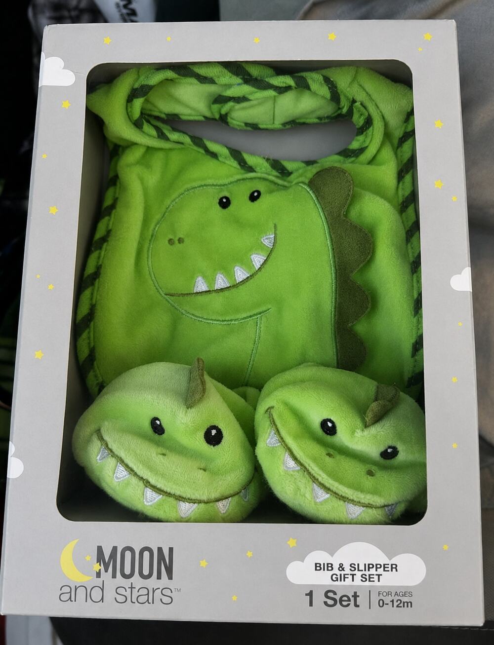 Moon & Stars Dinosaur Baby Bib & Slippers Set Green 0-12 Months New in Box